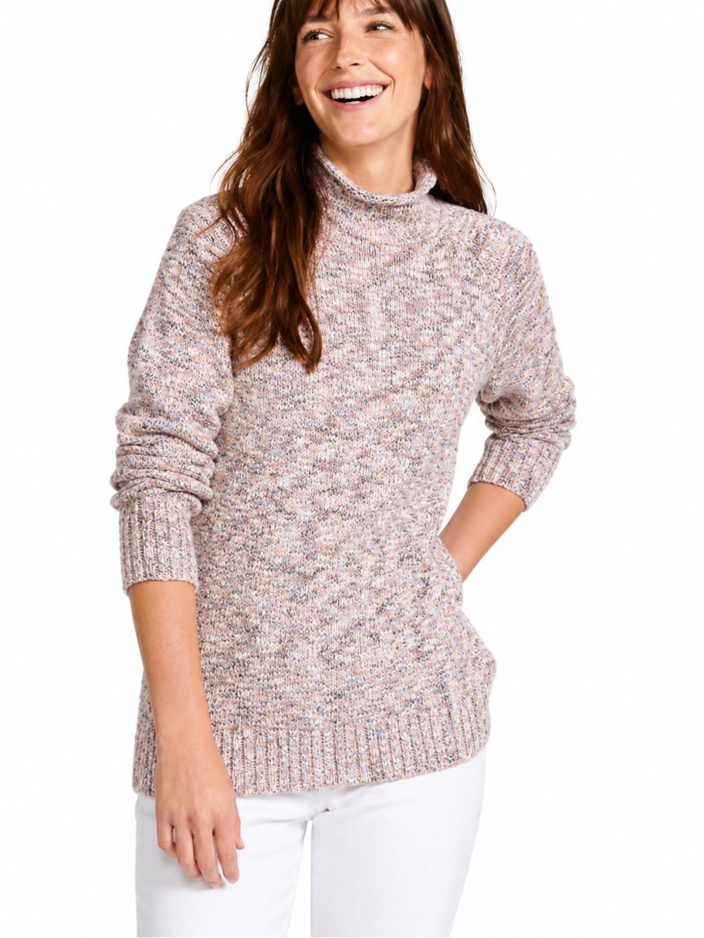L.L.Bean Cotton Ragg Funnel Neck Sweater Pastel Marled Rainbow Knit Medium